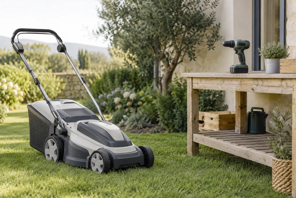 Tondeuse et perceuse dans un jardin